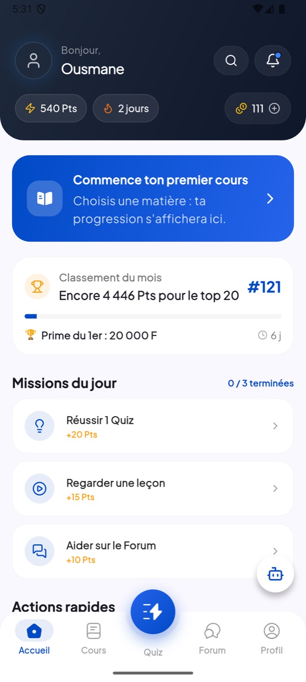 Écran d'accueil de l'application Sama School : points, série, classement du mois et missions du jour